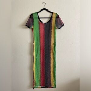 Y2K Rasta Fishnet Beach Coverup Maxi Slit Dress Boho Casual L